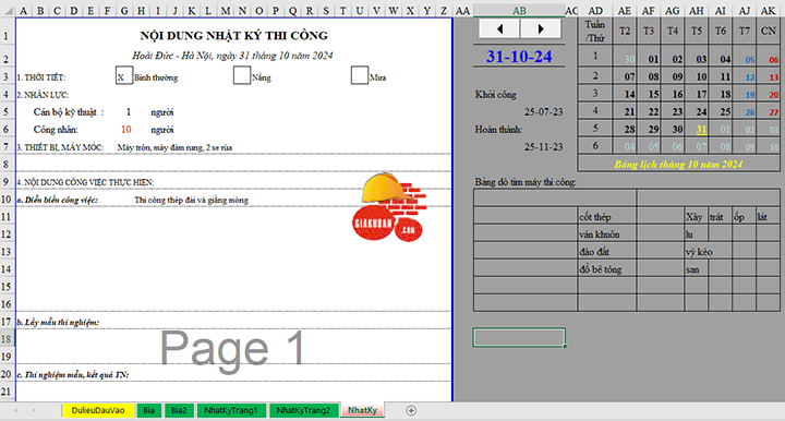 File Excel Nhật ký thi công tự động
