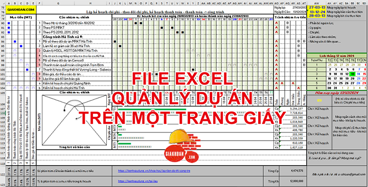 File Excel Quản lý Dự Án Trên Một Trang Giấy